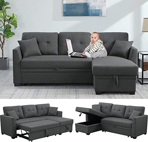 Sectional Sofa Bed Pull Out Bed with Reversible Storage, Chaise Lounge L-Shaped Linen Convertible 3 Seater Sleeper Tufted Upholstered, Small Modern Couch for Living Room Office Apartment