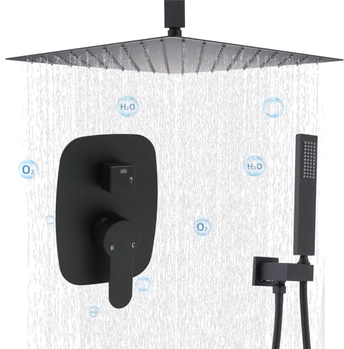 Delnet Concealed Shower Mixer Set Matte Black 16 Inch Ceiling Mounted Rain Shower Head System with Handheld Bathroom Brass Shower Faucet Set