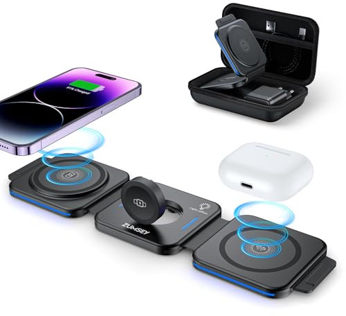 ZUMSEY 3 in 1 Faltbare Kabellose Ladestation, Induktive Ladestation für Apple Watch und iPhone, Wireless Charger für iPhone 16 15 14 13 12 11 Pro Max, für iWatch 10/9/Ultra/8/7/6/SE/5/4/3/AirPods