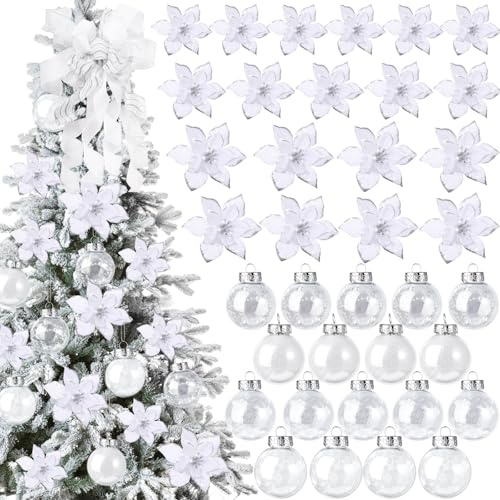 49 Stück Weihnachtsbaum Deko Set mit Weihnachtsbaumspitze 24 Stück Glitzer Weihnachten Blumen in 3 Größen 24 Stück 2,36 Zoll Weihnachtskugel Ornamente für Feiertag Party Deko (Weiß)
