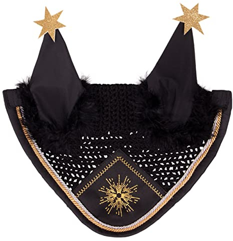 ARBO-INOX Ohrenhaube gehäkelt Fliegenohren mit Silvester-Design schwarz/Gold (Pony)