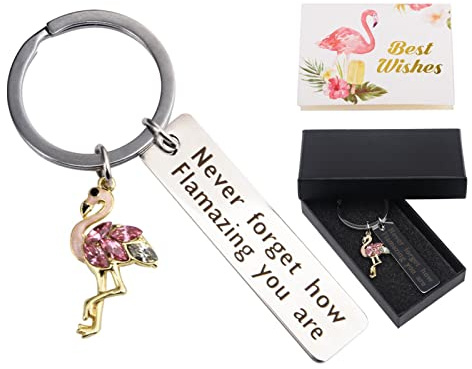 Fiacvrs Flamingo Schlüsselanhänger, Metall Flamingo Anhänger Schlüsselanhänger mit Grußkarte und Aufbewahrungsbox, Flamingo Deko Geschenkset für Männer, Frauen & Kinder (Silber)