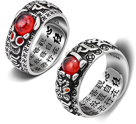 Kucheed Feng Shui PiXiu Bague, Réglable Mantra Bagues pour Hommes Femmes,Sutra MANI Amulette Gravée Protection Richesse Amour Prospérité,Rétro Bouddha Ancien Lucky Band Bijoux Cadeau (2 Pièces - C)