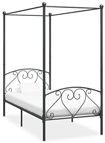Homgoday Himmelbett Grau aus Metall, 90 x 200 cm, Bettgestell, Rahmen, modernes Bett, Struktur, Doppelbett, Bett mit Lattenrost für Wohnzimmer Schlafzimmer