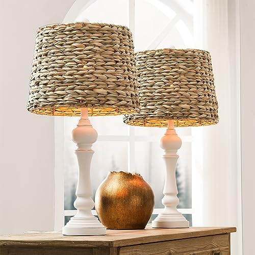 Maxax 26 Boho Rattan Table Lamps Set of 2 for Living Room, Coastal Bedside Lamps with Rattan Shade, Farmhouse Cottage Wicker Lamps, Rustic Resin Nightstand Lamps for Bedroom, White