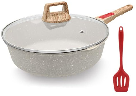 AIKENBBKK Padella Antiaderente padella 28cm Professionali con Manico Rimovibile, Alluminio Padella con Coperchio Compatibile con tutte le stufe, forno sicuro (Bianco)