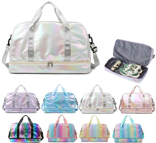 Sporttasche Damen Gross, Schwimmtasche mit Nassfach, Sporttasche Damen Fitnessstudio, Gym Tasche, Reisetasche (White)
