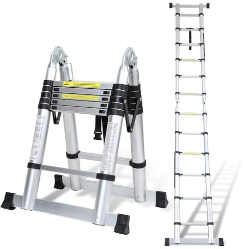 Joparri Scala telescopica in alluminio, 3,8 m (1,9 m + 1,9 m), con design pieghevole, telescopico, pieghevole, in alluminio, antiscivolo, portatile, multiuso, fino a 150 kg