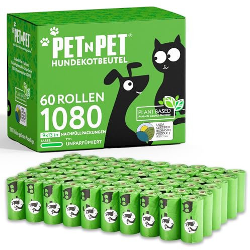 PET N PET Hundekotbeutel und Abfallbeutel USDA-zertifiziert 41% biobasierte Kotbeutel für Hunde 1080 Anzahl 60 Rollen 9x13 Zoll Hundekotbeutel, unparfümierte Kotbeutel