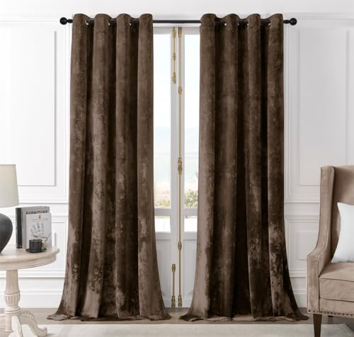 SMILETIME Chocolate Crushed Velvet Curtains 52x90 inch Luxurious Thermal Insulated Soundproof Drapes for Living Room Bedroom Office Soft and Durable Light-Filtering Window Treatments, 2 Panels