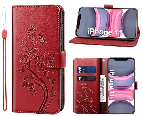 KRAFTCARE Lederhülle kompatibel mit iPhone 11 Hülle, Flip Wallet Handyhülle mit Kartenfach Ständer Premium PU Leder Klapphülle Schutzhülle für iPhone 11, Rot