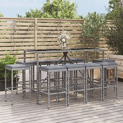 Rantry 11-TLG. Gartenbar-Set mit Kissen Theke Gartentheke Bar Tresen Stehtisch Barhocker Bartisch Barstuhl Sitzgarnitur Gartengarnitur Möbel Gartenmöbel Grau Poly Rattan