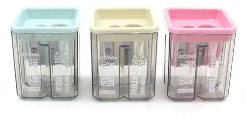 Xiedeai 3Stück Manuelle Bleistiftspitzer mit Behälter Versiegelte Klinge Schutzhülle Abnehmbar Doppelloch Pencil Sharpener für Kinder Studenten Büro Schule Zubehör, Rosa+Grün+Beige