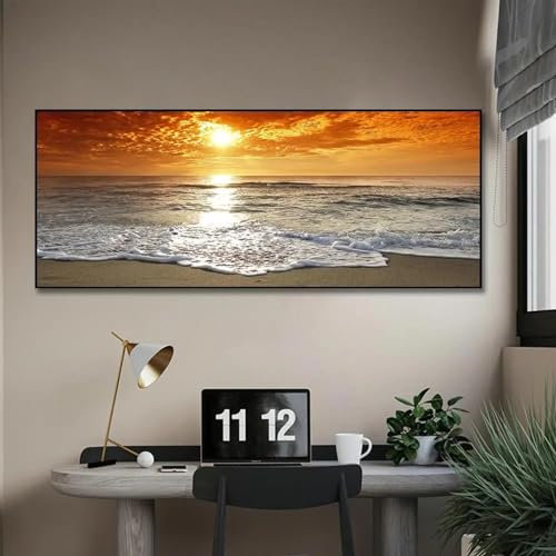 Sonnenuntergänge Natürliche Meer Strandlandschaft Abstrakte Poster und Drucke Leinwandmalerei Panorama Wandkunst Bild Wohnzimmer Dekor 30x90cm (12x35 Zoll) Rahmenlos