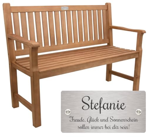 Sterngraf Bank mit Gravur-Schild zB. Wunschtext (Namen/Spruch), Gartenbank 120cm Holz Armlehnen-Bank, Edelstahlschild personalisiert Geschenk-Idee Geburtstag Hochzeit Jubiläum