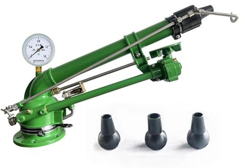 BAIYITONGDA Aspersor de riego agrícola, aspersor de trípode agrícola de 2 Pulgadas con manómetro, ángulo de elevación Ajustable de 0°-45°, rotación automática de 360°