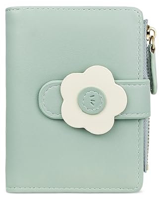 AdiStylinno Geldbörse Damen Klein, Niedlich Blumen Print Kleines Portemonnaie Bifold Kreditkartenhalter Mini Geldbeutel Leder Kreditkartenetui mit ID Fenster und Reißverschluss Münzfach (Grün)