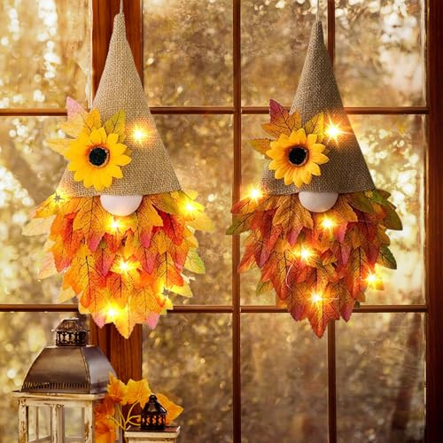 Türkranz Herbst, Herbstkranz Gnom mit Lichterkette Herbst Deko Kranz Herbstkranz Haustür mit LED Licht wichtel Herbstkränze WandKranz Türkranz Außen Herbstdeko Innen für Haustür Wand (2pcs)