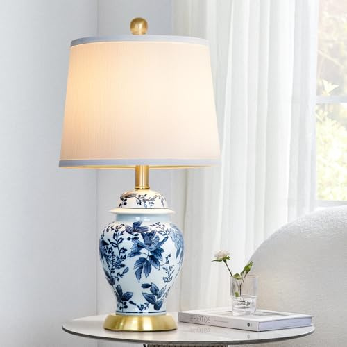KunruiTAI Chinoiserie Table Lamp 23'' Ceramic Table Lamp, Classic Blue and White Bedside Desk Nightstand Lamp for Bedroom Living Room Office College Bookcase Coffee,Dimmable,Single Lamp