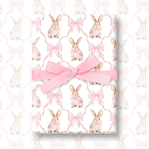 FYSUIMU Geschenkpapier mit Hasen-Motiv, 6 Bögen, keine Rolle, niedliche rosa Schleife, Oster-Geschenkpapier, flach gefaltet, für Ostern, Frühling, Basteln, 50 x 70 cm