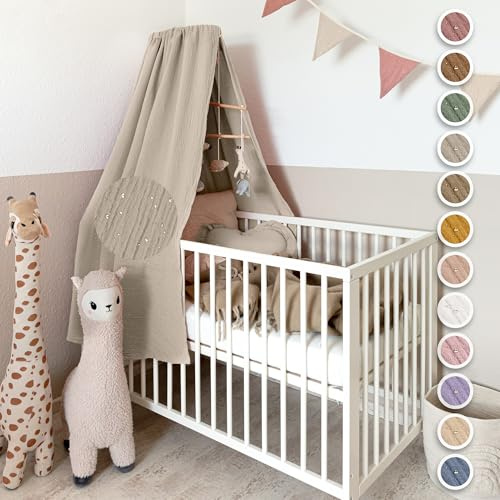 lilimaus Betthimmel Babybett mit Gold Applikation in 12 Farben [inkl. Himmelstange] - Himmel Babybett aus 100% Baumwolle Musselin für Mädchen & Jungen - Himmelbett mit Stange - Kinder Babyzimmer Deko