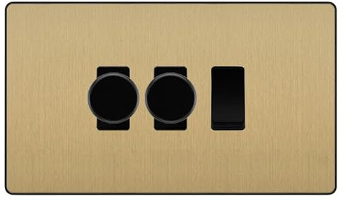 BG Evolve Satin Brass 3 Gang Custom Grid Switch 2x LED Dimmer 1x 2 Way
