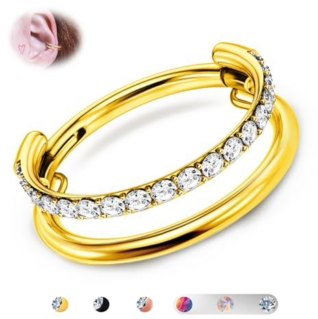 G23 Titan 16G Doppelt Conch Helix Piercing Ohrringe Septum Nasenring Ring | Silber Gold Plated Gestapelt Knorpel Clicker Creolen Tragus Daith für Frauen Männer Innendurchmesser 7-12mm