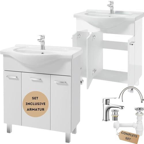 .Deftrans Lavabo con mobiletto in piedi, set di mobili da bagno, 85 x 75 x 34 cm, bianco lucido, mobiletto con lavabo e rubinetto con spina a clic, programmi completi per il bagno