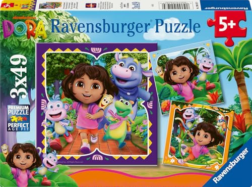 Ravensburger Puzzle Dora Bereit zum Erkunden? - 3x49 Teile Puzzle ab 5 | 3x49 Teile Dora Puzzle, Kinderpuzzle ab 5 Jahre, Ravensburger Qualität
