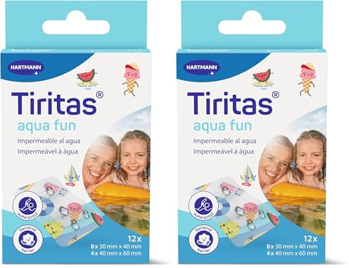 TIRITAS Aqua Kids: Apósitos aptos para contacto con agua; Con adhesivo hipoalergénico y diseños efecto tattoo perfectas para para niños. Dejan transpirar la piel; 2 tamaños; 12 unidades (Paquete de 2)