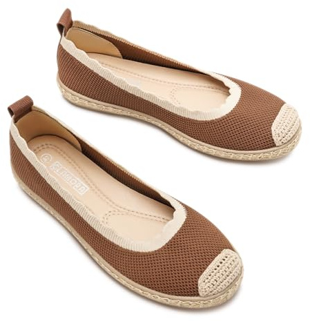 GLAMORA Alpargatas Mujer de Punto Transpirable con Suela de Goma Efecto Esparto, Zapatos Planos Tipo Bailarinas Manoletinas Cómodas Slip On, Alpargatas Mujer Ligeras Punta Redonda kaki-38