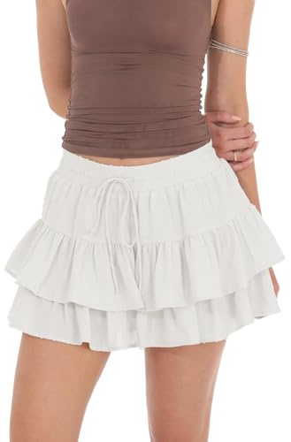 Vcindai Jupe d'été courte pour femme Mini-jupe d'été avec volants et short, Blanc., XL
