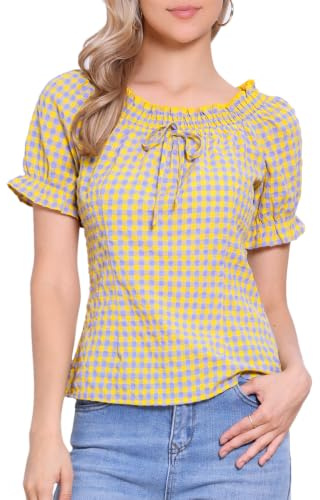 Allegra K Blusa A Cuadros de Cuadros para Mujer Campesina Cuello Redondo Volantes Manga Abullonada Top