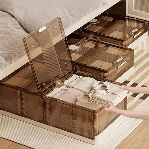 Niwugady Set di 2 cassettiere sotto il letto con ruote, trasparente, marrone, con coperchio, chiusura a clip, contenitore sotto il letto, 100 x 25 x 50 cm