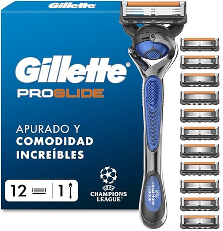 Gillette Fusion 5 Proglide Rasierer Herren, Metall, Blau/Schwarz | UEFA Champions League Special Edition, Inkl. 1 Nassrasierer, 12 Rasierklingen, 5 Klingen für Eine Komfortable Rasur