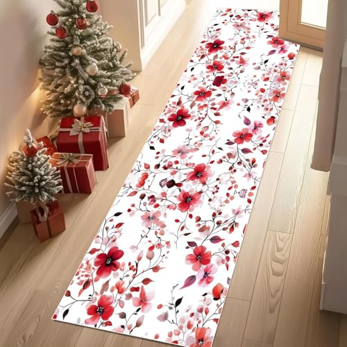 Meugesoi Natur Pastoral Blumen Teppich Flur Läufer 60 X 240 cm Zweige Blätter Teppichläufer Küchenläufer Teppiche rutschfest Waschbar für Bettvorleger Flur Küche Waschküche