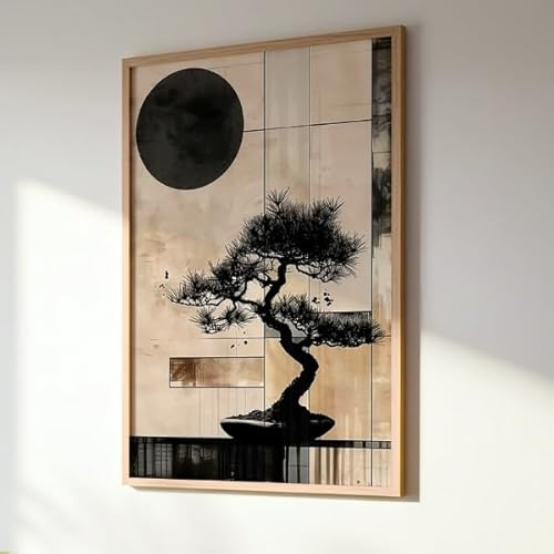 DekoArte – Cuadro decorativo Japandi 50x70 cm | cuadro con marco de madera natural incluido estilo japonés | Equilibrio natural | Hecho en España