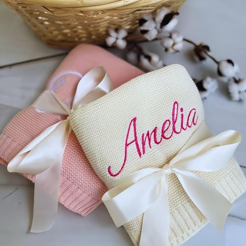ZZTINGC Personalisierte Babydecke, Strickdecke Mit Bestickbarem Namen, Individuelle Geschenke Für Neugeborene Jungen/Mädchen