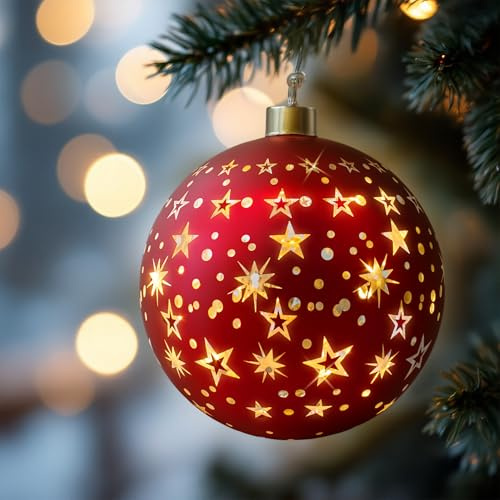 Glas Weihnachtskugel rot zum Hängen mit 10 LED beleuchtet - 12 cm - Deko Kugel Leuchte warm weiß Batterie betrieben - Advent Winter Kugelleuchte Stimmungslicht Christbaumkugel elegant