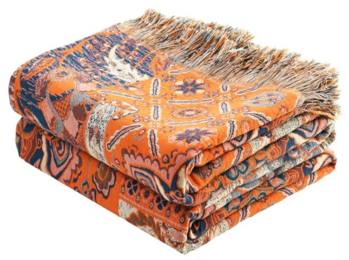 VANJOROY Stor orange filt i 100 % ekologisk bomullssoffa för säng, 150 x 200 cm, bohemisk dubbelsidig mjuk lyxig filt för 1-sitsig fåtölj, soffa och som överkast Orange.