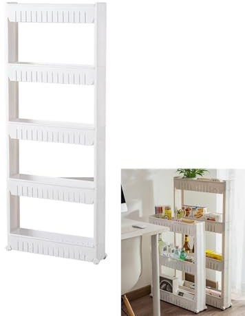 Tielag Scaffale per nicchia a 5 livelli, carrello da cucina con ruote, 12 x 54 x 133 cm, salvaspazio, in plastica, per cucina, bagno, ufficio, camera da letto, bianco