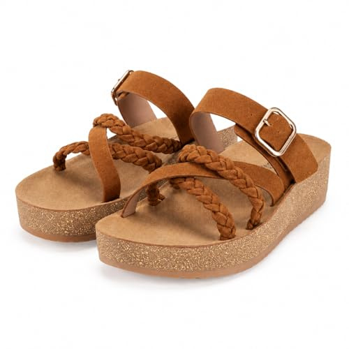 CLEIKS Sandali Donna Estivi con Plateau in Sughero Fibbia Regolabile Scarpe Casual da Donna Scarpe Estive da Donna Leggere Minimaliste per Casa e Esterno (Camel, 40 EU, WCX250454-13)