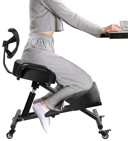 Silla ergonómica de rodillas con respaldo y reposapiés, Altura Ajustable, Cojines Gruesos, Ruedas con Bloqueo para Oficina en casa, Taburete Corrector de Postura para aliviar el Dolor de Espalda.
