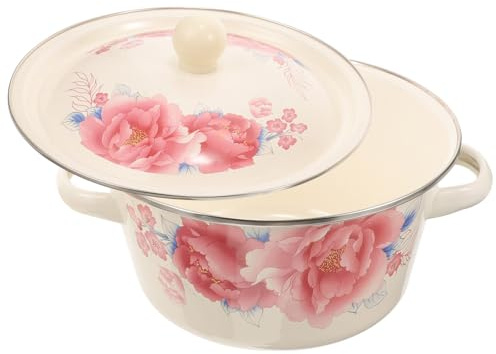 HOUDERCO Tazón de Manteca de Cerdo Esmaltado con Tapa, Cuenco de Sopa Retro de Esmalte Grueso, Mantiene Temperatura, Capacidad de 2kg para Cocina