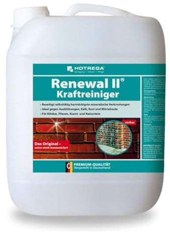 HOTREGA Renewal II Kraftreiniger Konzentrat 10 L | Kalk- & Rostlöser | Entfernt Zement- & Mörtelreste von Fliesen, Natur- oder Kunststein | Hochkonzentrierter Intensivreiniger für Klinker