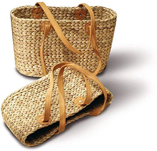 Neustanlo | Einkaufstasche Taluma groß | Einkaufskorb langer Henkel | aus Wasserhyazinthe | 43x18x30 cm | Echtlederhenkel