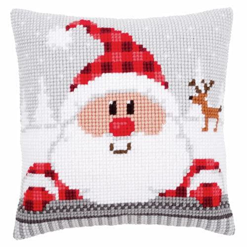 Vervaco Kreuzstich Stickpackungen Kissen Stickerei Set Anfänger Vorgedruckt Nikolaus mit Mütze DIY Set Kreativ Set Für Erwachseneca. 40 x 40 cm Bastelset Handwerker Haus Dekoration