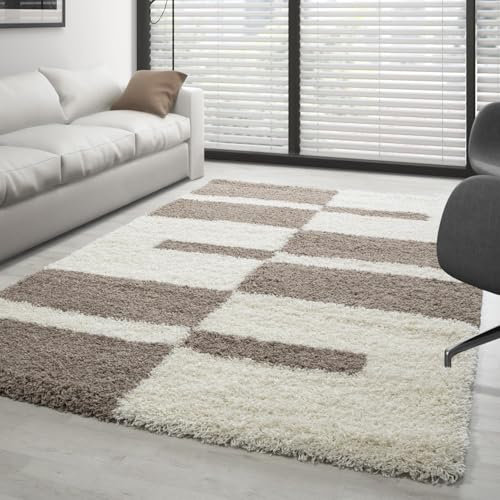 Carpettex Hochflor Teppich Wohnzimmer Shaggy Flokati Modern Kariert Design 160 x 230 cm Beige - Schlafzimmer Weich Flauschig Waschbar - Küche Esszimmer Langflor Teppiche