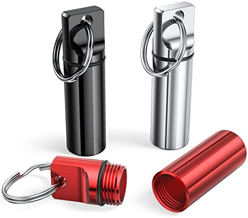 Small Portable Pill Box Keychain (3 Pack), Aluminium Alloy Mini Pill Organizer Case Container for Purse,Waterproof Metal Pill Holder Medicine Bottle for Outdoor Camping Travel(Black+Silver+Red)