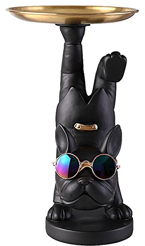 Vinbcorw Französische Bulldogge Figur mit tablett Edelstahl,Tischdekoration skulptur deko,schlüssel Schale Statue Kleinteile, Behälter, obstschale,Schlüsselbonbons Organizer,Schwarz,A